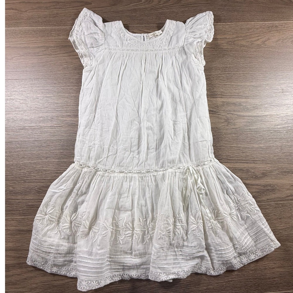 LoveShackFancy White Cotton Embroidered Lace Flutter Sleeve Dress Girls 7-8Y
